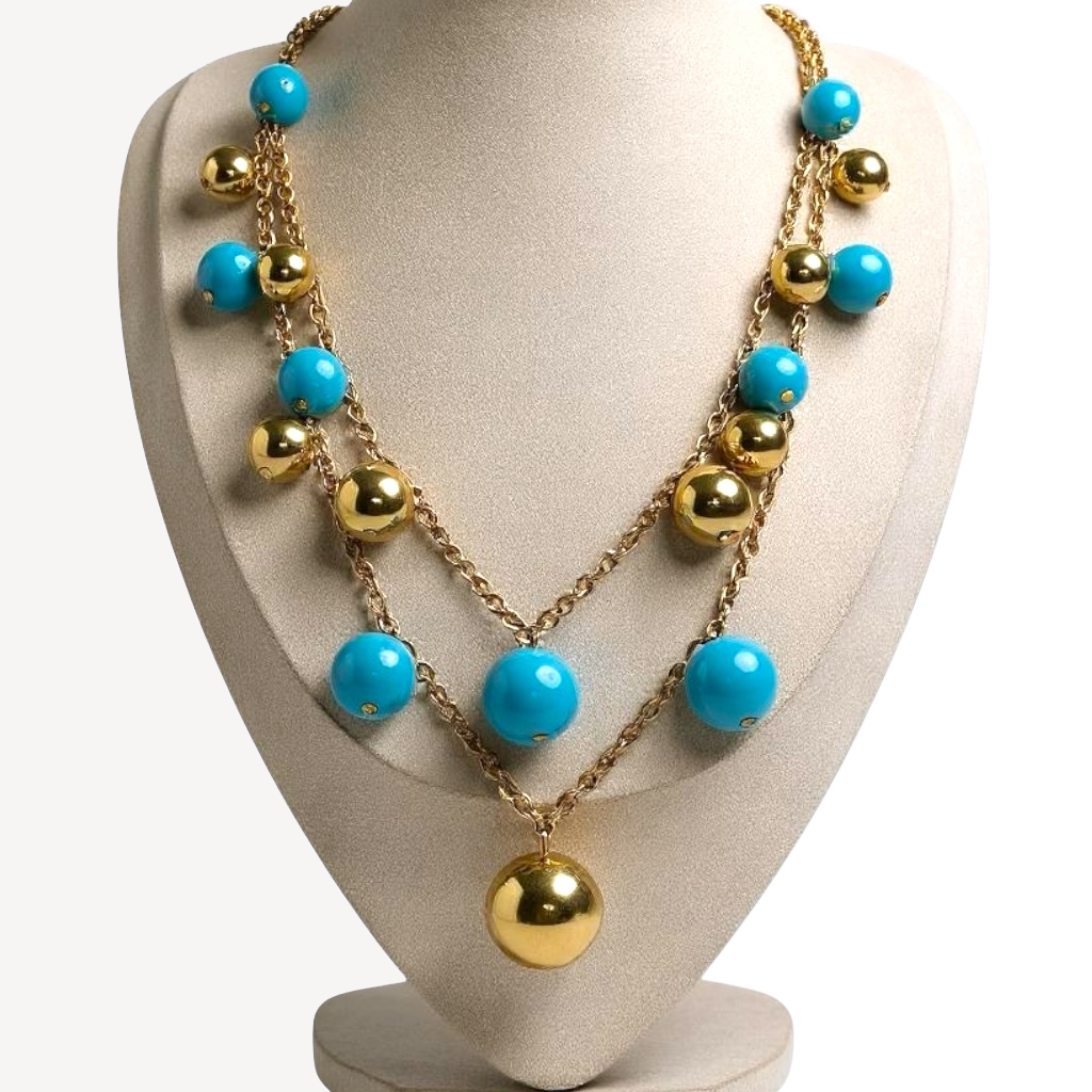 Signed KJL turquoise and gold tone orb necklace – bold double strand statement