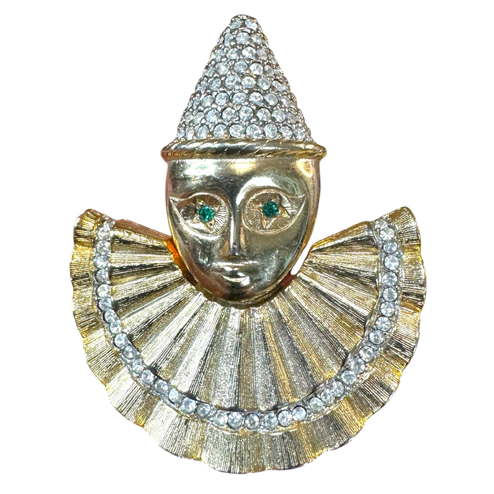 Vintage Harlequin clown rhinestone brooch – pavé Pierrot face pin with emerald green eyes, 1980s–1990s figural costume jewelry
