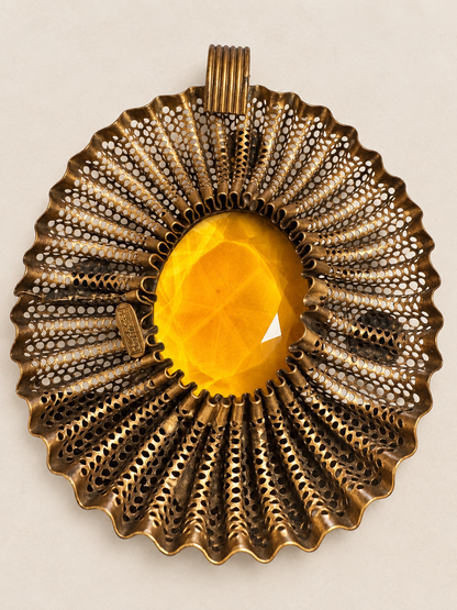 Rare Antique Ben Meltzer New York Statement Medallion Pendant – Amber & Emerald Green Glass