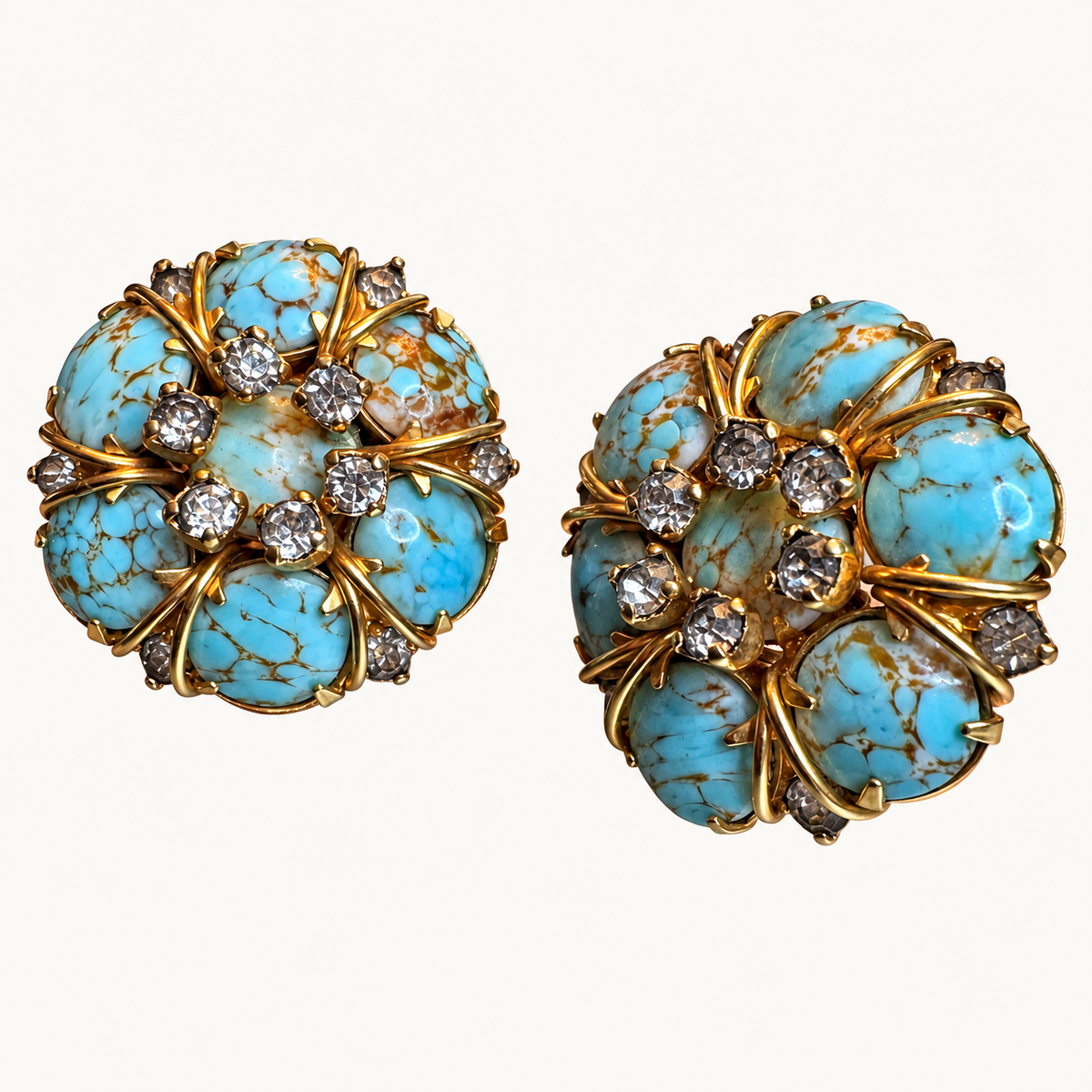 Vintage Hattie Carnegie Blue Matrix Glass & Rhinestone Cluster Clip-On Earrings – Signed