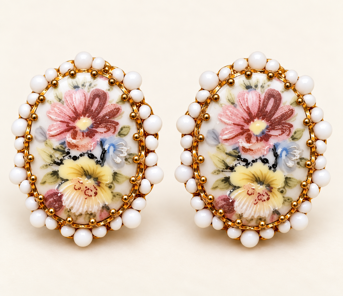 Vintage Miriam Haskell Hand-Painted Floral Porcelain Four-Piece Jewelry Set | Collector’s Ensemble