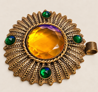 Rare Antique Ben Meltzer New York Statement Medallion Pendant – Amber & Emerald Green Glass