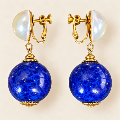 Vintage Napier Genuine Lapis & Pearl Statement Drop Earrings – Elegant Gold-Tone Screwback Dangles