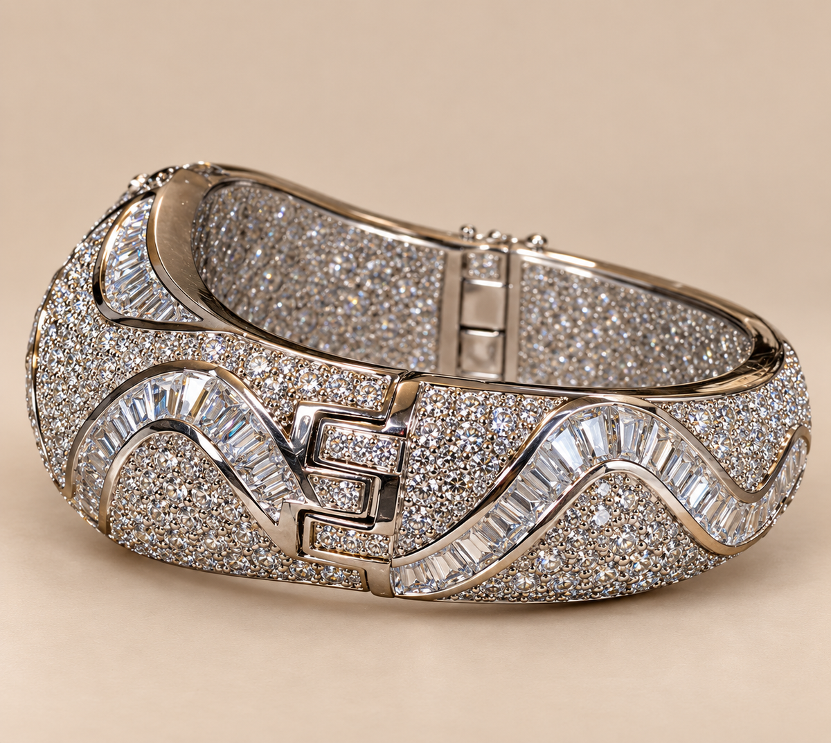 Vintage Platinum-Plated Stainless Steel Crystal Hinged Cuff Bracelet | Sculptural Baguette & Pavé Design