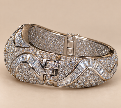 Vintage Platinum-Plated Stainless Steel Crystal Hinged Cuff Bracelet | Sculptural Baguette & Pavé Design