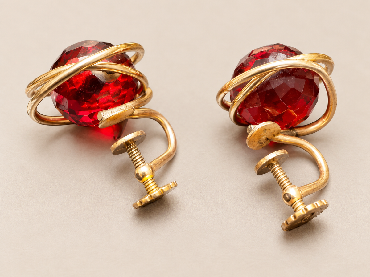 Vintage Cherry Red Bakelite 12K Gold Filled Sculptural Screwback Earrings