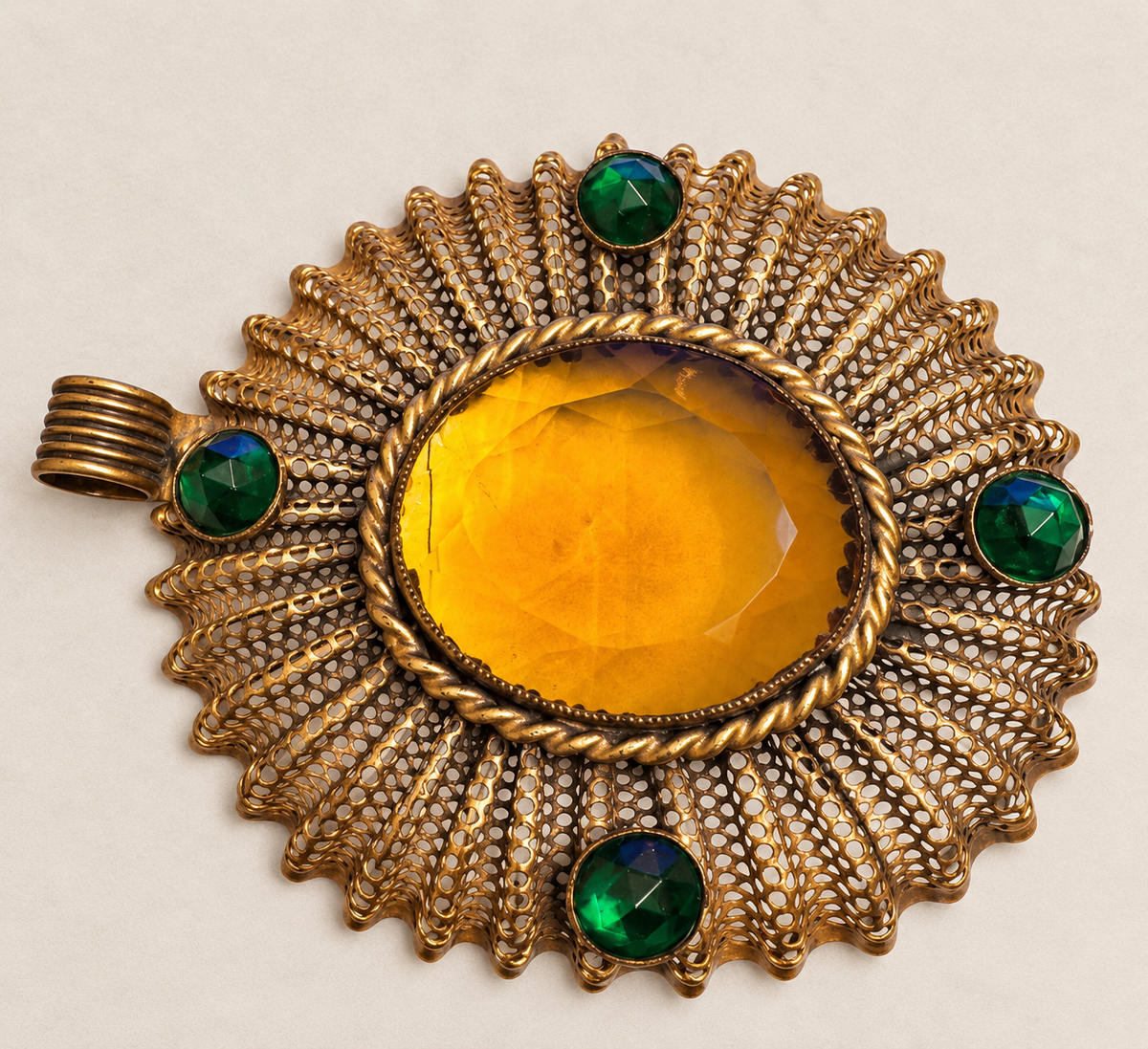 Rare Antique Ben Meltzer New York Statement Medallion Pendant – Amber & Emerald Green Glass