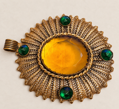 Rare Antique Ben Meltzer New York Statement Medallion Pendant – Amber & Emerald Green Glass