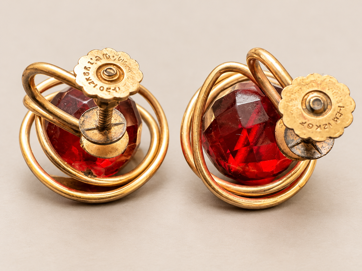 Vintage Cherry Red Bakelite 12K Gold Filled Sculptural Screwback Earrings