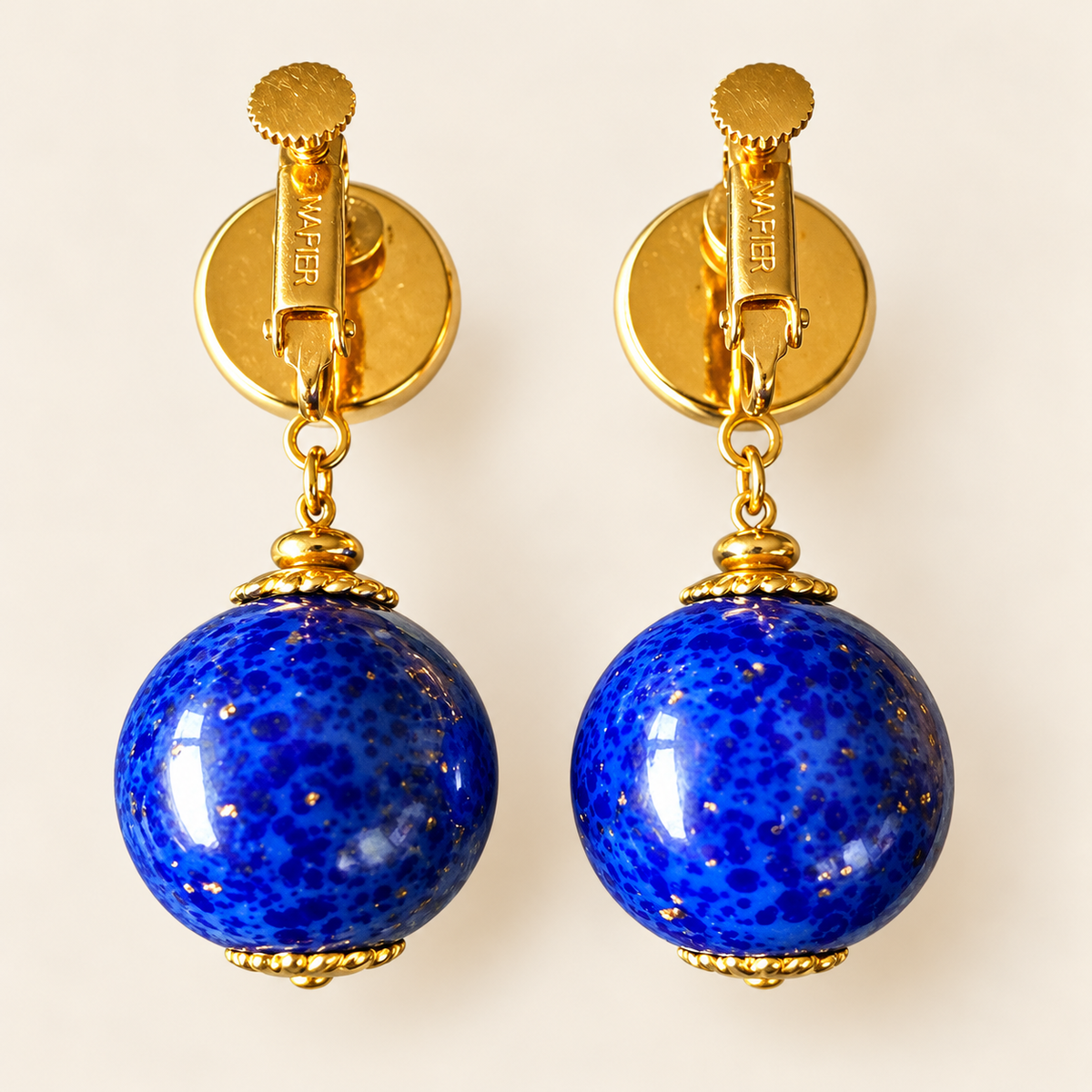 Vintage Napier Genuine Lapis & Pearl Statement Drop Earrings – Elegant Gold-Tone Screwback Dangles