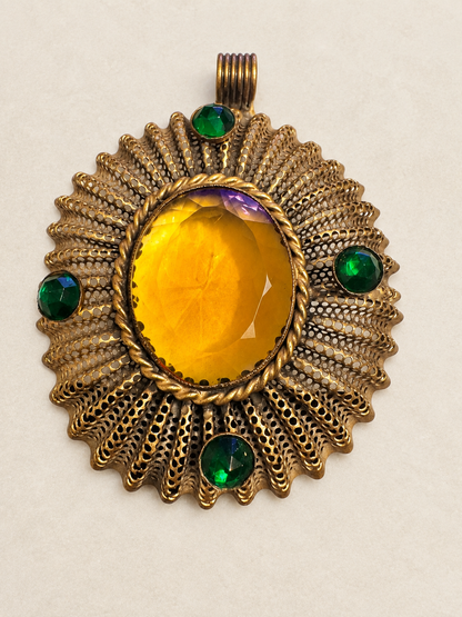 Rare Antique Ben Meltzer New York Statement Medallion Pendant – Amber & Emerald Green Glass