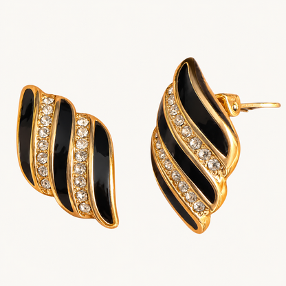 Vintage Christian Dior Black Enamel & Crystal Clip-On Earrings – Signed Gold-Tone Designer Jewelry