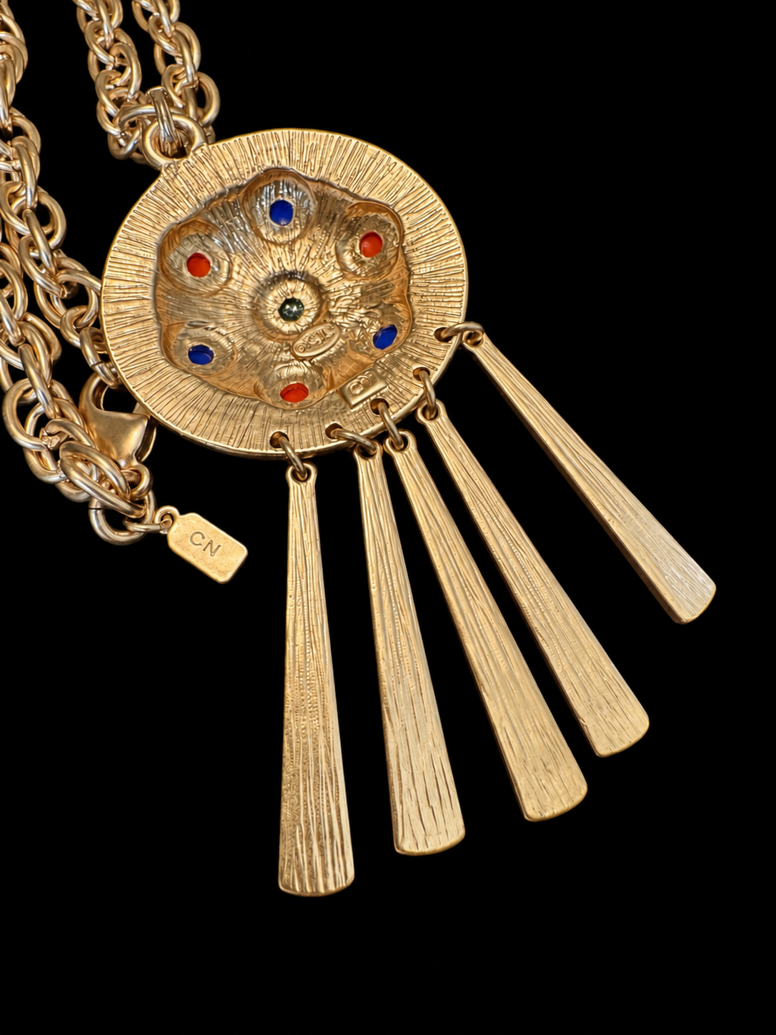 Vintage Kenneth Jay Lane KJL CN Gold-Tone Medallion Necklace with Multicolor Cabochons & Articulated Fringe