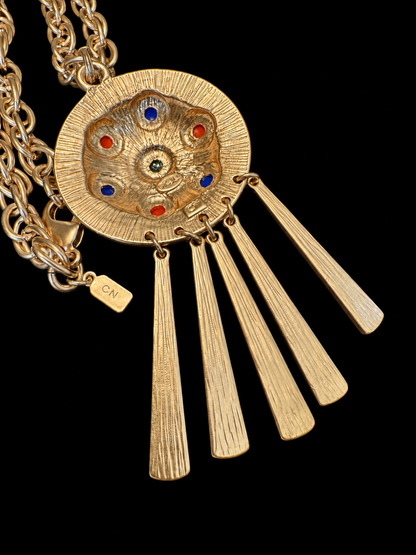 Vintage Kenneth Jay Lane KJL CN Gold-Tone Medallion Necklace with Multicolor Cabochons & Articulated Fringe