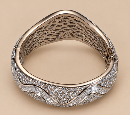 Vintage Platinum-Plated Stainless Steel Crystal Hinged Cuff Bracelet | Sculptural Baguette & Pavé Design