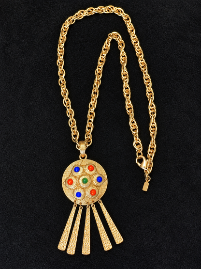 Vintage Kenneth Jay Lane KJL CN Gold-Tone Medallion Necklace with Multicolor Cabochons & Articulated Fringe
