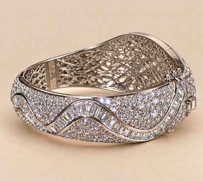 Vintage Platinum-Plated Stainless Steel Crystal Hinged Cuff Bracelet | Sculptural Baguette & Pavé Design