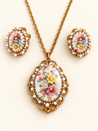 Vintage Miriam Haskell Hand-Painted Floral Porcelain Four-Piece Jewelry Set | Collector’s Ensemble