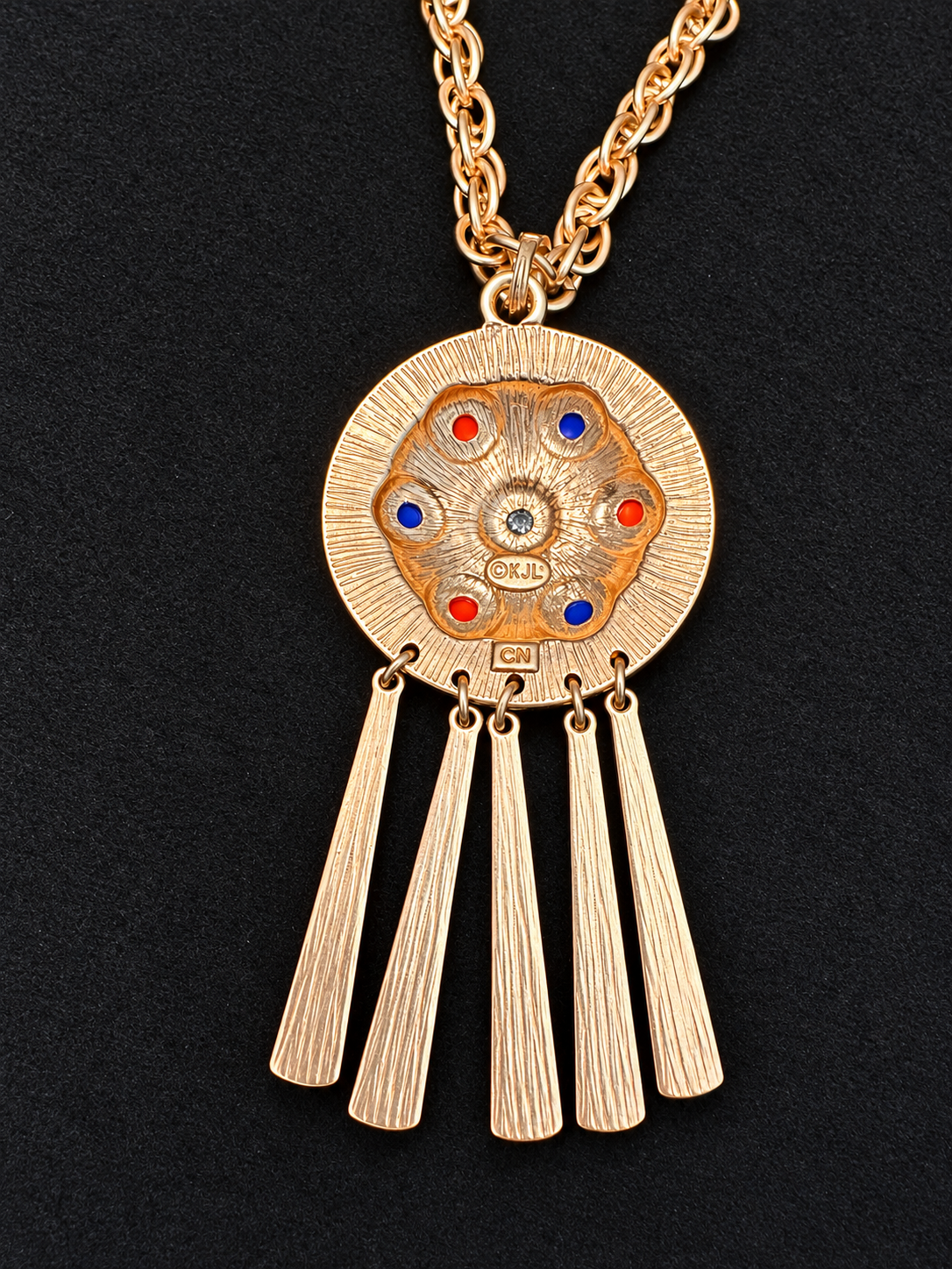 Vintage Kenneth Jay Lane KJL CN Gold-Tone Medallion Necklace with Multicolor Cabochons & Articulated Fringe