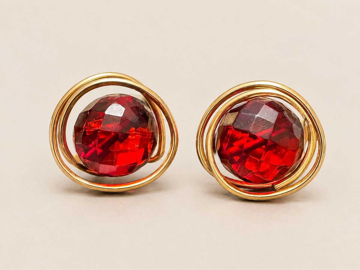 Vintage Cherry Red Bakelite 12K Gold Filled Sculptural Screwback Earrings