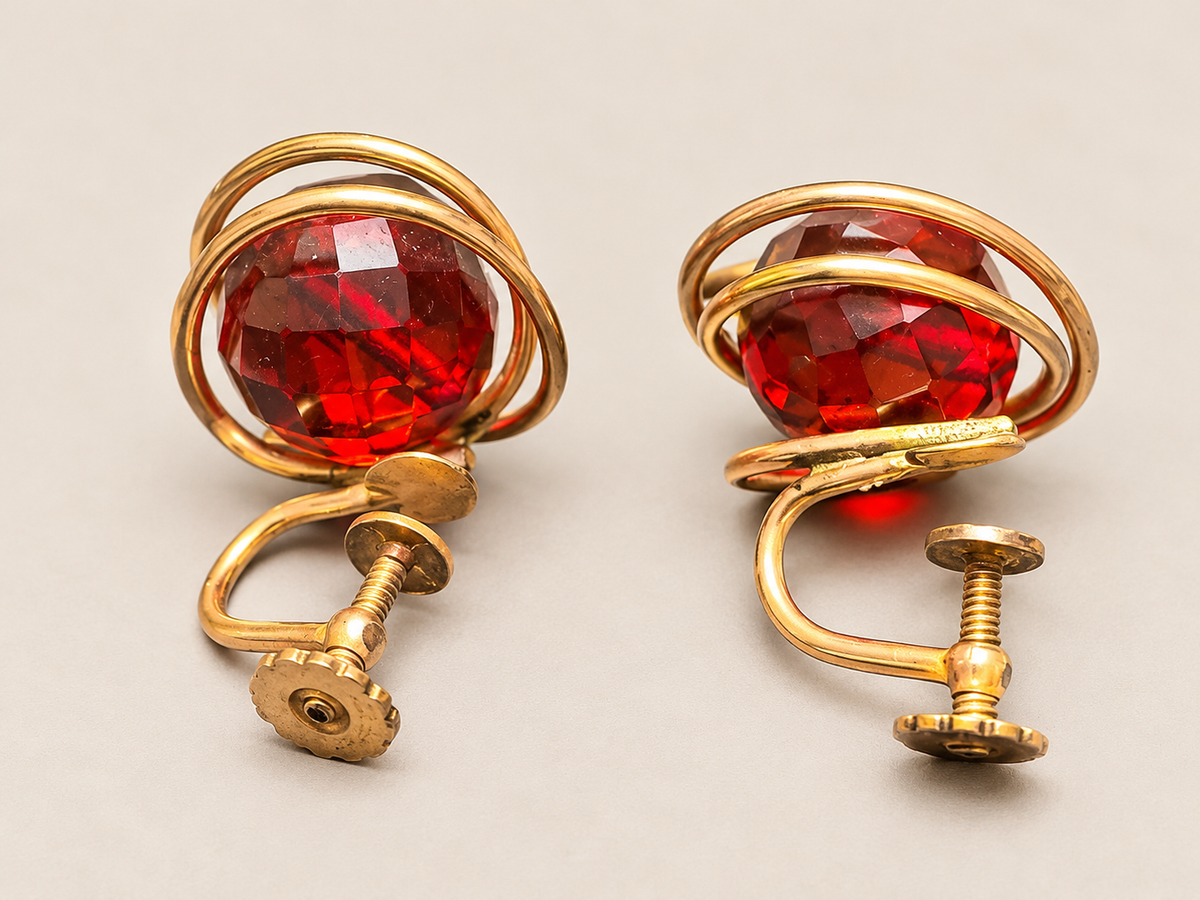 Vintage Cherry Red Bakelite 12K Gold Filled Sculptural Screwback Earrings