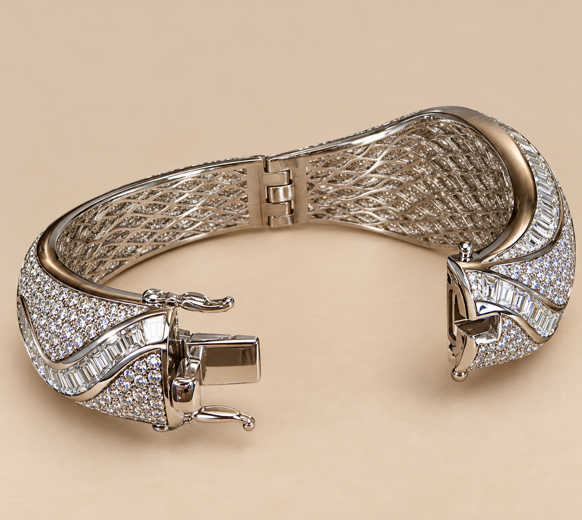 Vintage Platinum-Plated Stainless Steel Crystal Hinged Cuff Bracelet | Sculptural Baguette & Pavé Design