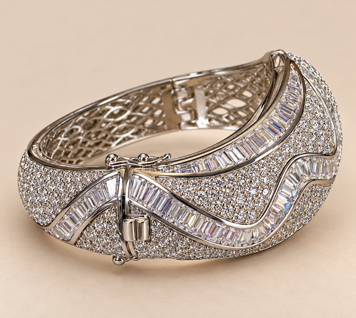 Vintage Platinum-Plated Stainless Steel Crystal Hinged Cuff Bracelet | Sculptural Baguette & Pavé Design