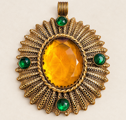 Rare Antique Ben Meltzer New York Statement Medallion Pendant – Amber & Emerald Green Glass