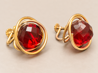 Vintage Cherry Red Bakelite 12K Gold Filled Sculptural Screwback Earrings