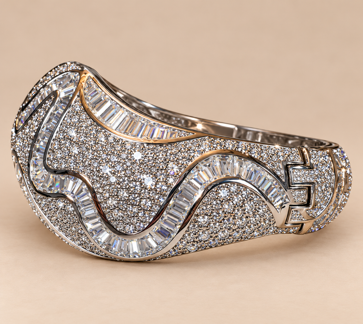 Vintage Platinum-Plated Stainless Steel Crystal Hinged Cuff Bracelet | Sculptural Baguette & Pavé Design