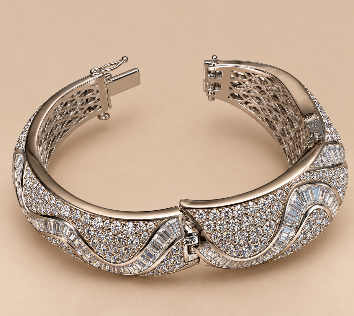Vintage Platinum-Plated Stainless Steel Crystal Hinged Cuff Bracelet | Sculptural Baguette & Pavé Design