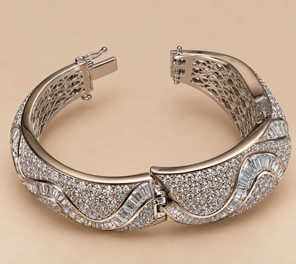 Vintage Platinum-Plated Stainless Steel Crystal Hinged Cuff Bracelet | Sculptural Baguette & Pavé Design