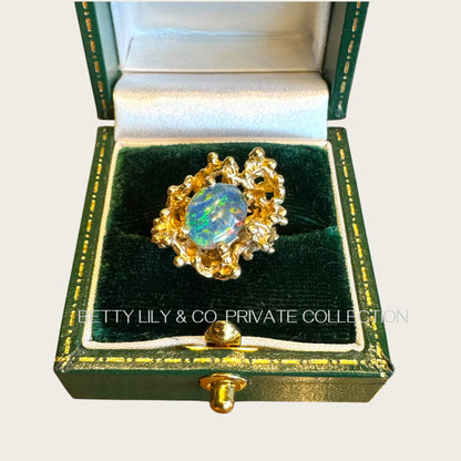 Vintage 14K Gold Brutalist Natural Black Opal Ring | Private Collection