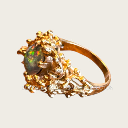 Vintage 14K Gold Brutalist Natural Black Opal Ring | Private Collection