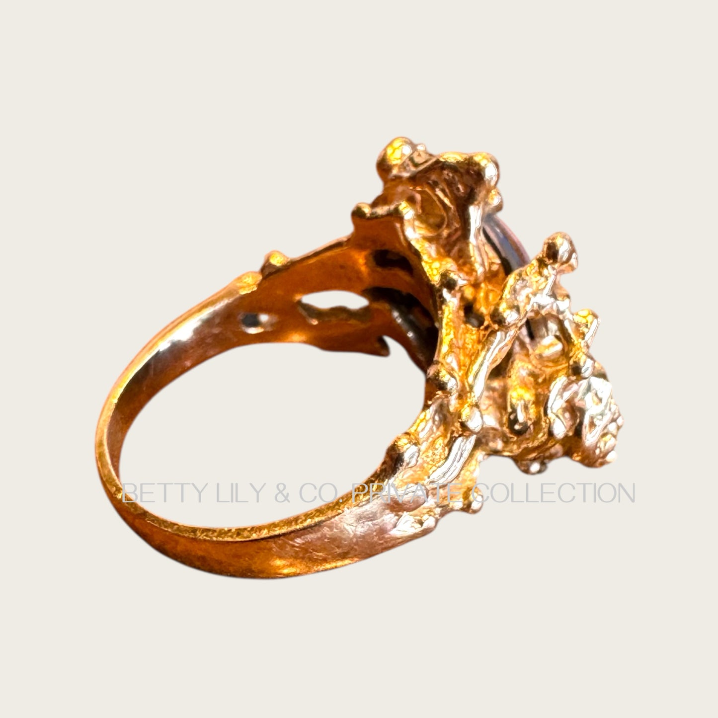 Vintage 14K Gold Brutalist Natural Black Opal Ring | Private Collection