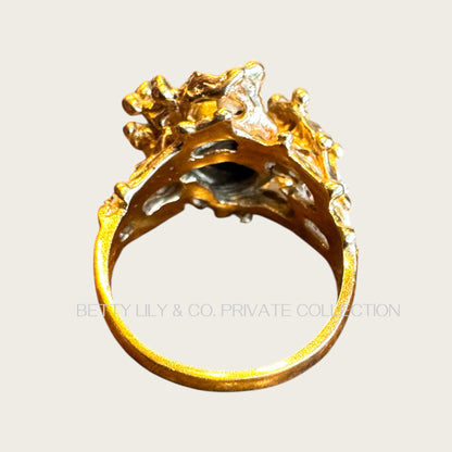 Vintage 14K Gold Brutalist Natural Black Opal Ring | Private Collection