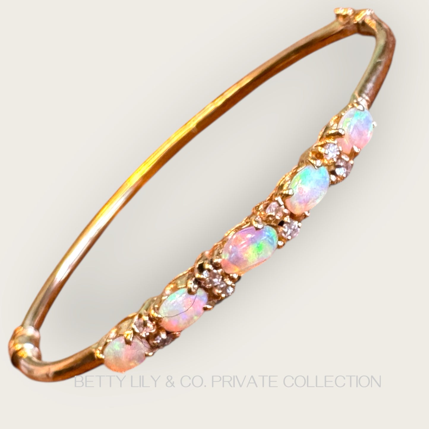 Vintage 14K Gold Natural Opal & Diamond Bangle Bracelet | Private Collection