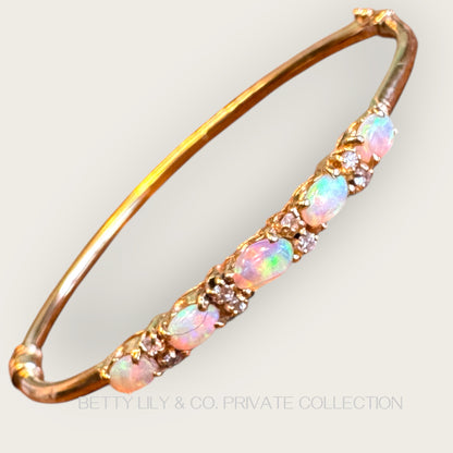 Vintage 14K Gold Natural Opal & Diamond Bangle Bracelet | Private Collection