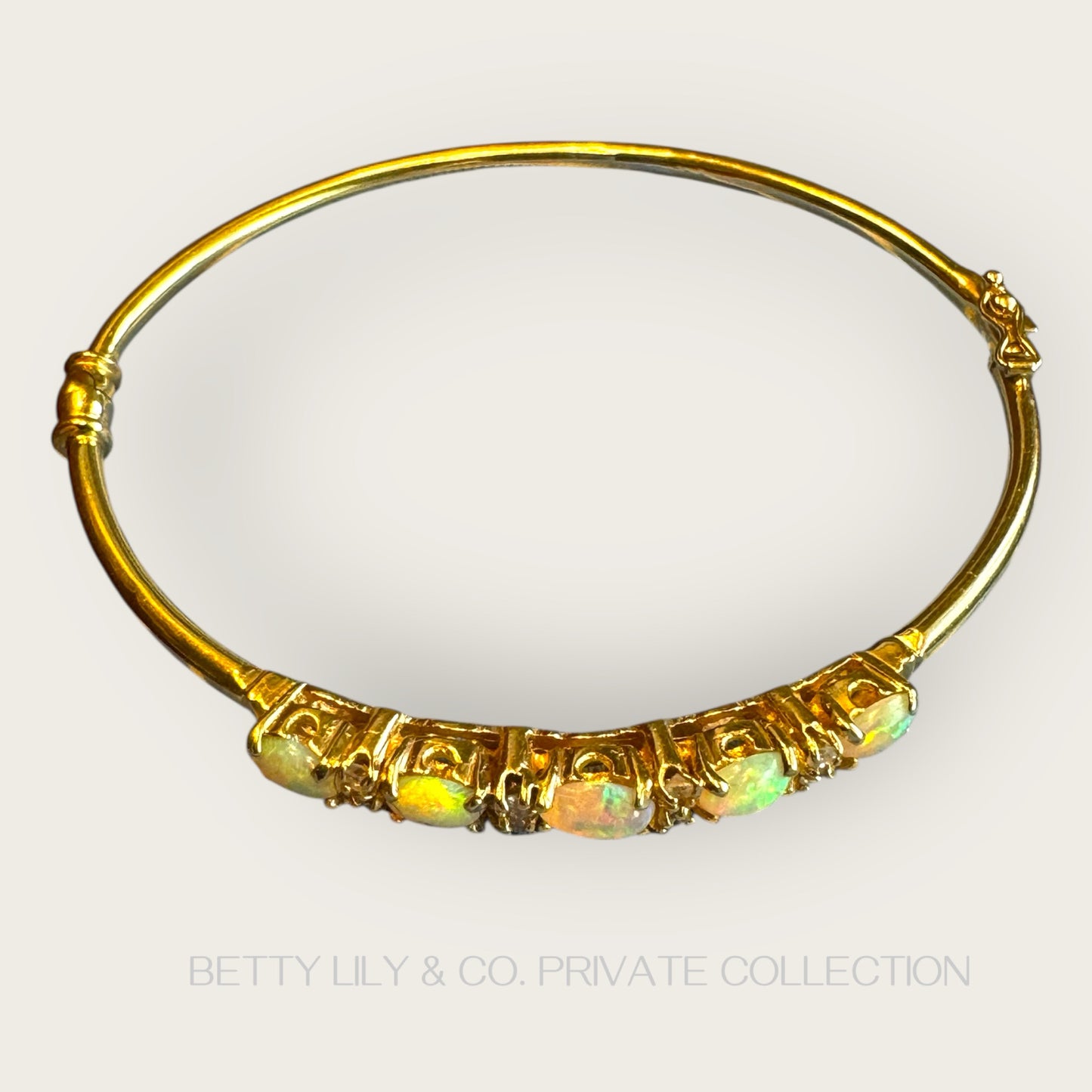 Vintage 14K Gold Natural Opal & Diamond Bangle Bracelet | Private Collection