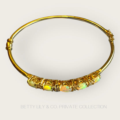 Vintage 14K Gold Natural Opal & Diamond Bangle Bracelet | Private Collection