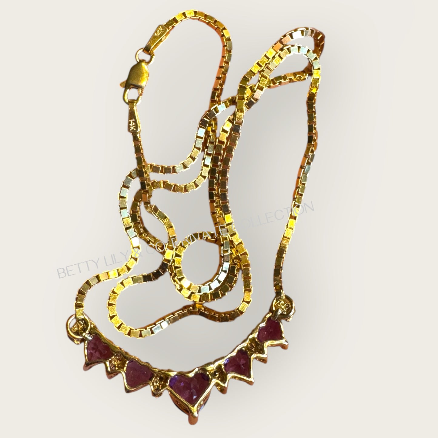 Vintage 14K Solid Gold Multi Heart-Cut Amethyst & Diamond Necklace – 18” Box Chain | Private Collection