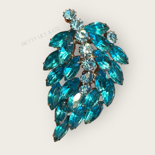 Vintage Turquoise & Ice Blue Marquis Rhinestone Leaf Brooch – 1950s Sparkling Statement Pin