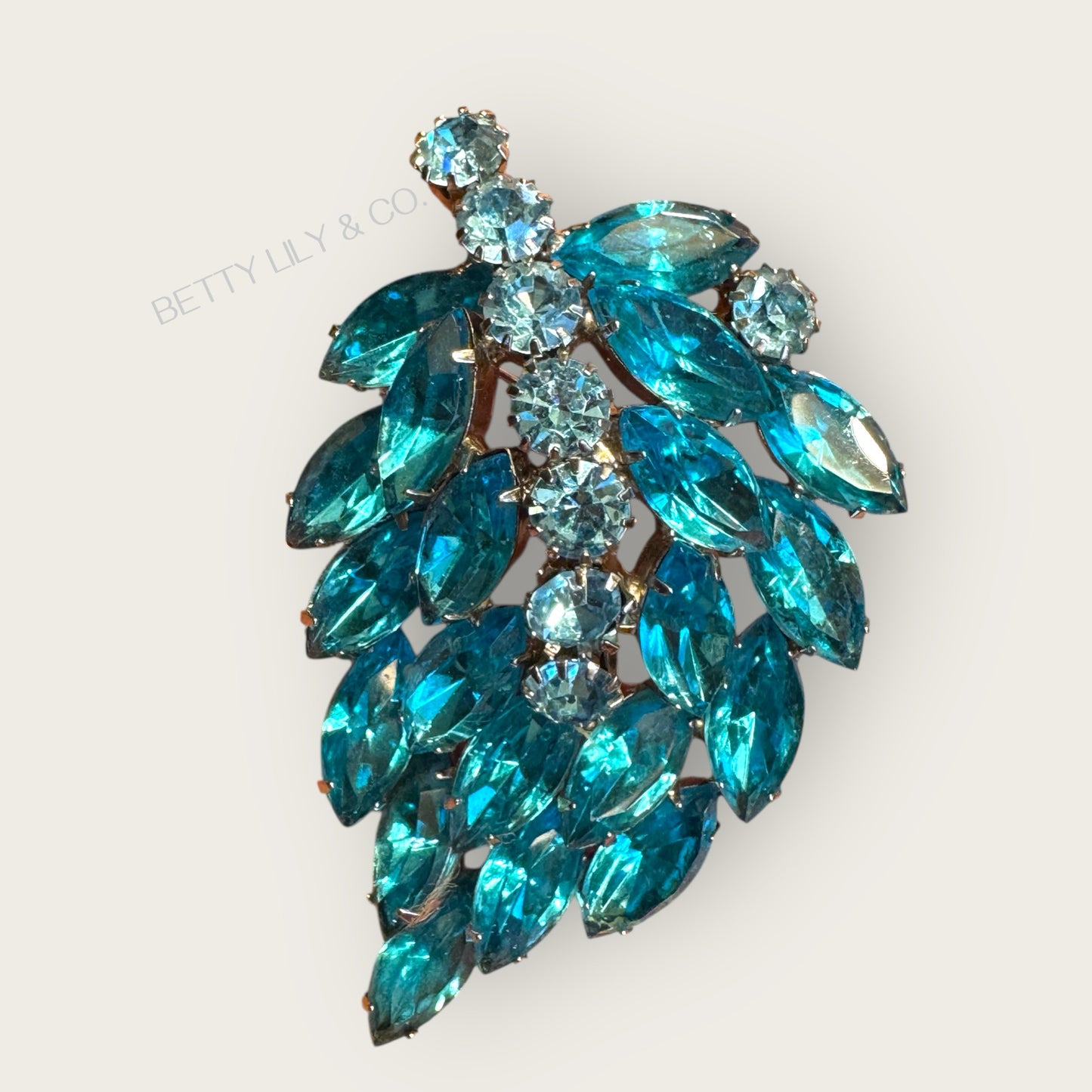 Vintage Turquoise & Ice Blue Marquis Rhinestone Leaf Brooch – 1950s Sparkling Statement Pin