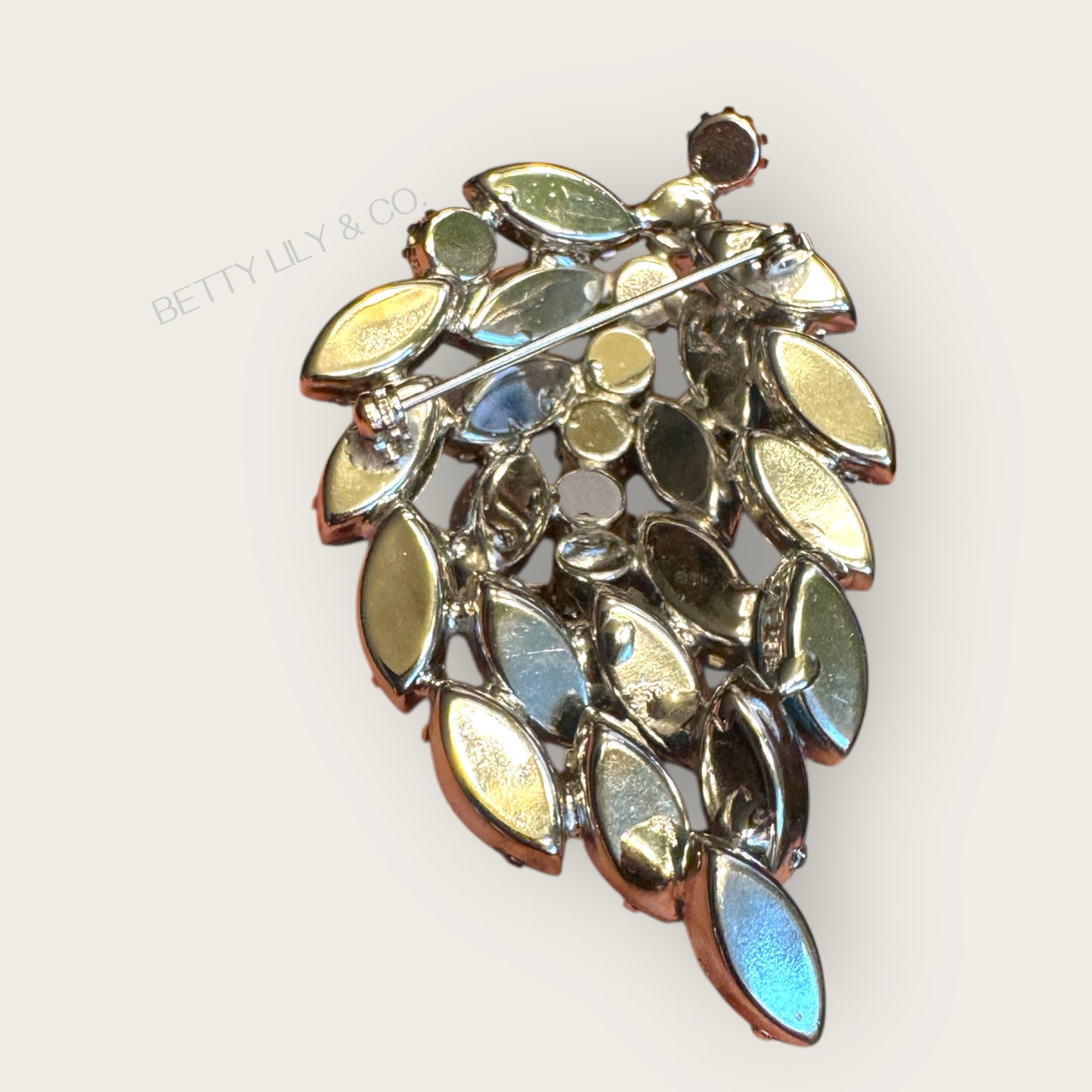 Vintage Turquoise & Ice Blue Marquis Rhinestone Leaf Brooch – 1950s Sparkling Statement Pin