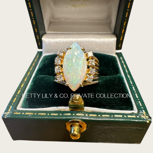 Vintage 14k Gold Marquise Opal & Diamond Cocktail Ring – Luminous Fire Opal Halo | Private Collection.