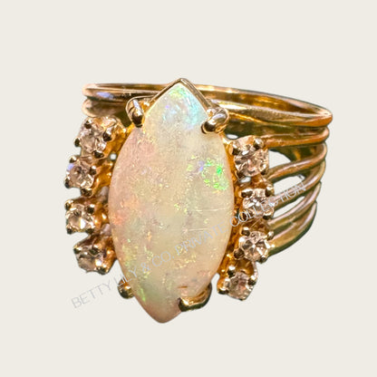 Vintage 14k Gold Marquise Opal & Diamond Cocktail Ring – Luminous Fire Opal Halo | Private Collection.