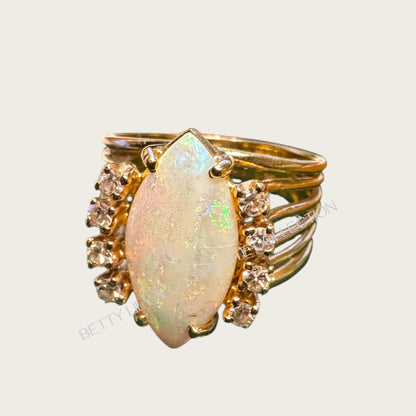 Vintage 14k Gold Marquise Opal & Diamond Cocktail Ring – Luminous Fire Opal Halo | Private Collection.