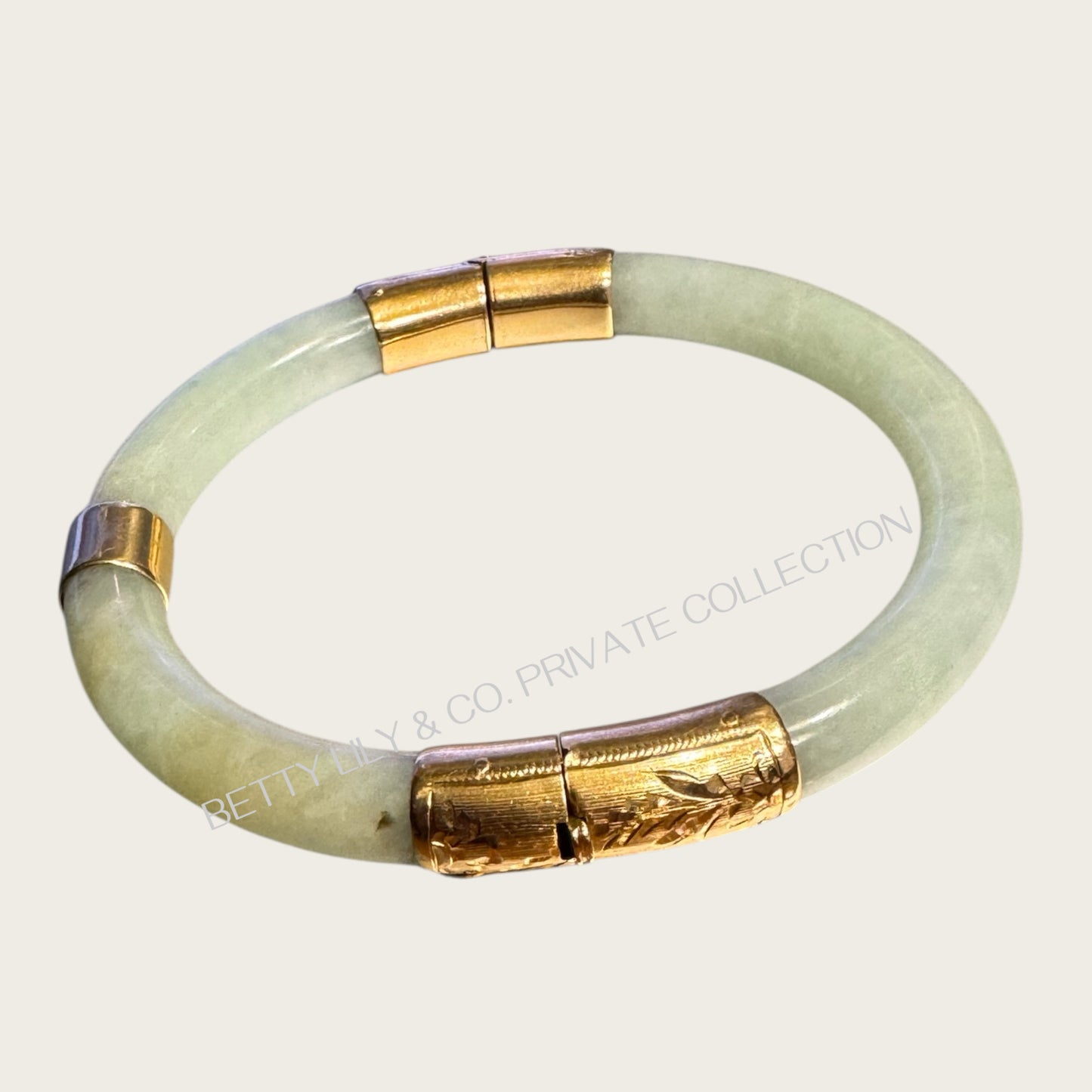 Vintage 14K Gold & Natural Celadon Jade Hinged Bangle Bracelet | Private Collection