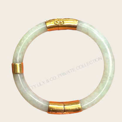Vintage 14K Gold & Natural Celadon Jade Hinged Bangle Bracelet | Private Collection