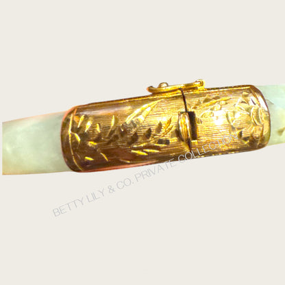 Vintage 14K Gold & Natural Celadon Jade Hinged Bangle Bracelet | Private Collection